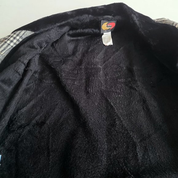 Vintage 50s 60s Con-Roy Casuals gray plaid wool man coat black faux fur collar. - Picture 5 of 12